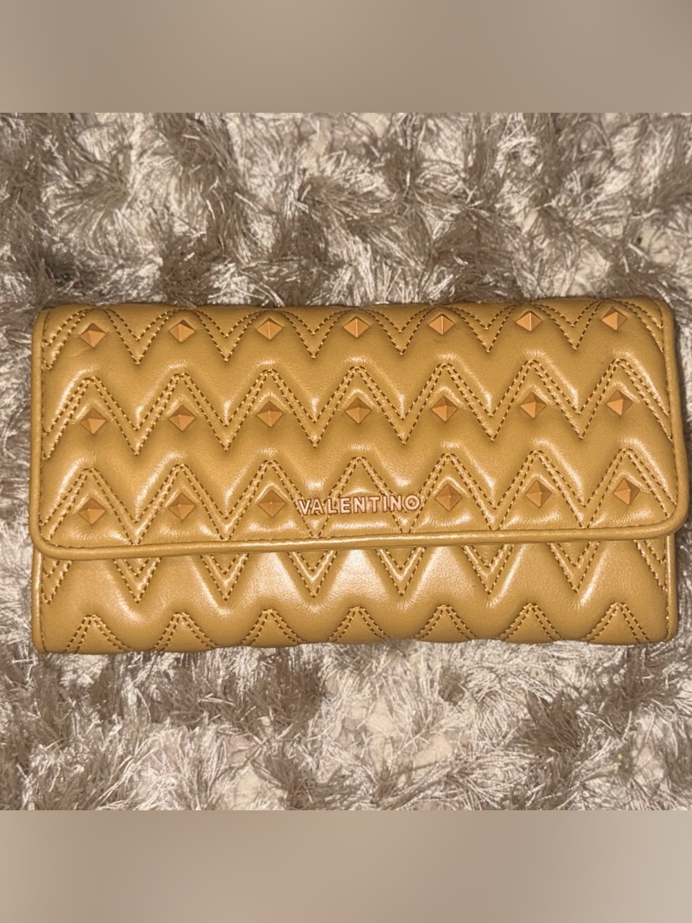 Valentino Tan Quilted Wallet with Stud Embellishments